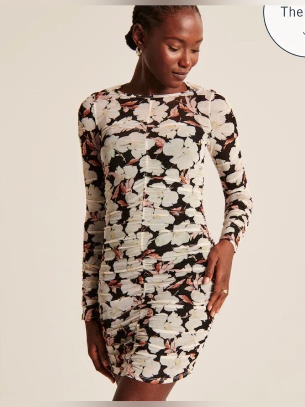 ABERCROMBIE & FITCH Floral Ruched Long-Sleeve Bodycon Dress - Black & Cream M
